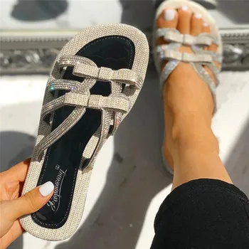2020 Femei Papuci de Vara de Cristal Stralucitoare Tobogane, Sandale de Plajă Feminin Zapatos Mujer Drăguț Arc-nod Papuci Exterior Pantofi Plat
