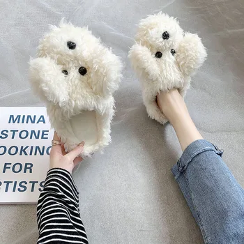 Femei papuci de iarna pentru femei pantofi de moda noua câine drăguț cu blană faux blana toc înalt pantofi femei bej alb