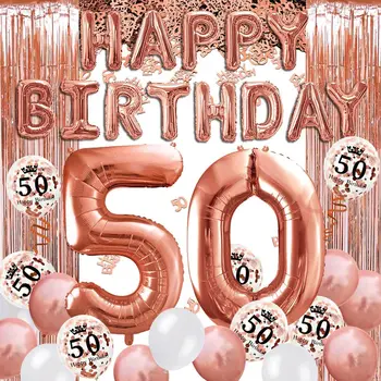 De-a 50-a Crescut de Aur Ziua de naștere Partidul de Decorare Ziua de nastere Fericit Banner Heliu Numărul de Balon de 50 XXL, 2 Rose de Aur Perdea Franjuri Latex C