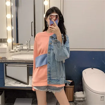 Primăvara anului 2020 nou hit culoare tricouri de sex feminin coreeană design denim împletit pulover vrac topuri de moda de mare de femei transpirații