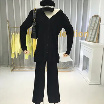 Colorat de Moda Pulover Cardigan Lung Singur Pieptul V-Neck + Glezna-Lungime Pantaloni Lungime Completă 2 Bucată de Costume pentru Femei