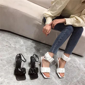 Vara noua moda sandale tocuri inalte sexy pantofi de partid de modă plisate curele glezna Roman pompei pantofi alb