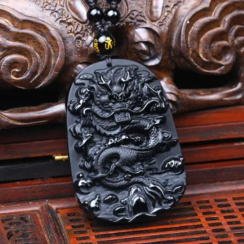 JoursNeige Naturale Obsidian Pandantiv cu Șirag de mărgele Colier Negru Zodia Dragon Bine Sculptură Mascota Amuleta Norocoasă Pentru Bărbați