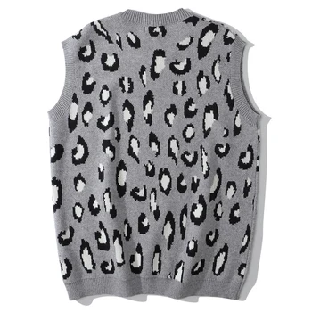 LACIBLE Harajuku Pulover Leopard de Imprimare Pulover Tricotate Contrast Vestă fără Mâneci Brodate Streetwear Pulover Streetwear Retro