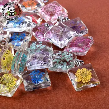 50pc de aluminiu pătrat de sticlă colier legăna diy pandantive bijuterii, cu flori uscate în interior, Metal, 27x20x10~11mm, gaura: 4.5x2.5mm