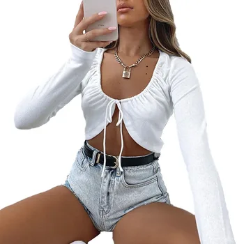2020 Femei Sexy Lace Up Culturilor Topuri cu Maneca Lunga Slim Fit Bluze Solid de Culoare Moda Cardigan Casual Topuri