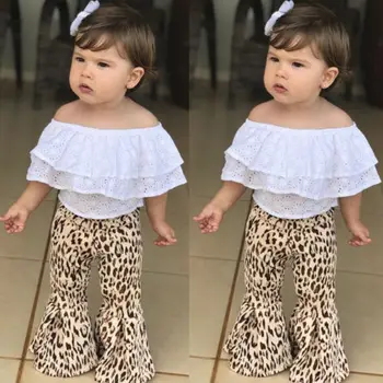 2018 Fierbinte Toddler Girls Vara Set Haine Copii Fete Haine Dantelă De Top+Leopard Rachete De Semnalizare Pantaloni-Clopot Fund Costume Set