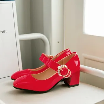 MAZIAO Noua Moda Solide din Piele de Brevet Femei Tocuri Superficial Catarama Curea Femei de Înaltă Pompe Perla Catarama Femei Pantofi Mary Jane