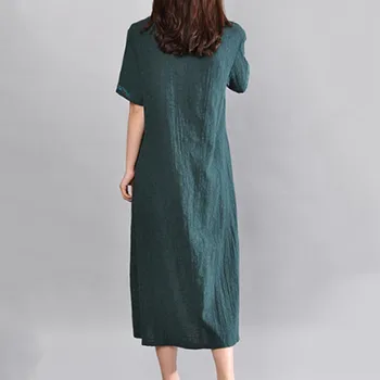 Femei Vintage Lenjerie Rochie 2019 Moda de Vara V-neck Short Sleeve Culoare Solidă Buzunare Liber Casual Rochie Midi