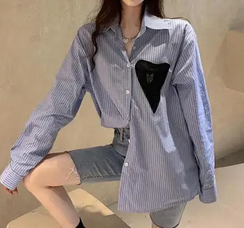 Bluze pentru femei Guler de Turn-down Primăvară, Tricouri cu Dungi Inima Toate-meci Mânecă Lungă Pierde Uza Harajuku Feminin Toamna Tricouri