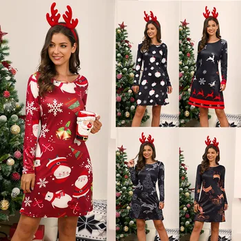 Xxxl Femei, Plus Dimensiune Moda Guler Rotund Crăciun Rochie de Toamnă și de Iarnă Casual cu Maneci Lungi Imprimate Rochie Slim Fit Fuste