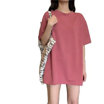 2022 simplă bază solidă de culoare coreean liber round neck short sleeve T-shirt pentru femeie mediu și lung
