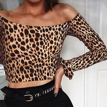 Modă Femei Bluza de Pe Umăr pulover Casual Slim Shirt de Imprimare Leopard cu maneca lunga Bluze Poliester unul de piese
