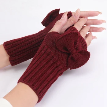 Toamna și Iarna Femei Bowknot Drăguț Moda Mănuși Tricotate din Lână Cald Jumătate-Deget Mănuși de Degete
