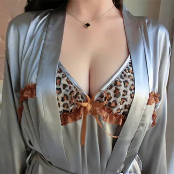 Doamna de moda V-Gât Rochie de Curea și Halat de baie Două Piese Set Femei Halat de Seturi de Leopard Pijama, cămașă de noapte de Mătase Sleepwear Sexy Pijamale