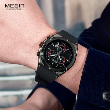 Megir Sport Cuarț Ceasuri Barbati Silicon Negru Armatei Cronograf Ceas de mână de Om Relogios Masculino Brand de Top Ceas 2073G-BK-1