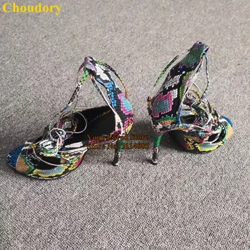 Choudory Doamnelor Sexy Multi-culoare piele de Sarpe cu Toc Sandale din Dantela-up pantofi Legați în Cruce Pompe Strappy Gladiator Pantofi de Partid