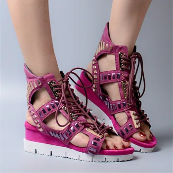 Prova Perfetto Gol Afară De Femei Sandale Gladiator Wedge Sandal Dantelă Up Platforma Cizme De Vara Pentru Femei Pompe Doamnelor Pantofi