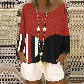 Femei cu Maneci Lungi Guler Rotund Mozaic de Culoare T-shirt Tee Vrac Top pentru Toamna TC21