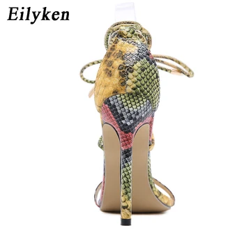 Eilyken Sexy Snake Print din Piele PU Doamna Cross-Curea Pantofi de Moda Glezna Lace-Up Gladiator Sandals Wpmen Open Toe Stilet Tocuri