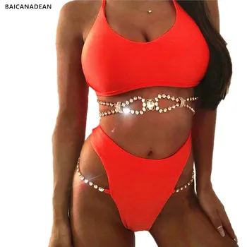 BAICANADEAN Bikini Sexy 2019 NOI Stras Costume de baie Femei Înot Solid de Metal Lanț Bandaj Două Bucăți Femme de Costume de Baie