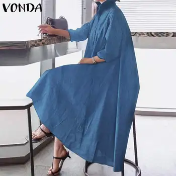 2020 VONDA de Vară Elegant Rochie Camasa Femei Demin Albastru Sarafan Casual cu Maneci Lungi Midi Vestidos de sex Feminin Rever Halat Supradimensionate