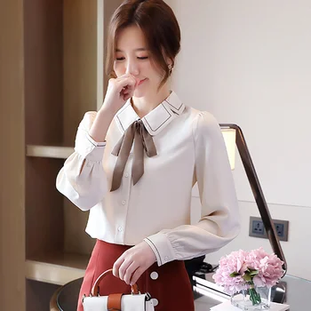 Elegant Arc Solid Guler Toamna Noua Retro pentru Femei cu Maneca Lunga Tricouri Dulce Bluza Femei Hong Kong-Aroma Șifon Bluza 11433
