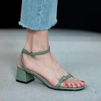 VERCONAS 2020 Moda Femeie Sandale pentru Femeie Pompe din Piele New Sosire Metal Decor Rotund Deget de la picior Pătrat Pantofi cu Toc Femeie