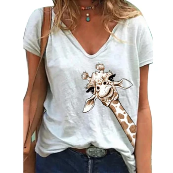 2020 Nouă Femei Casual de Vara Scurt Maneca V Gat Girafa Bumbac Imprimare T-shirt Sus Plus Dimensiune 3XL Vestidos