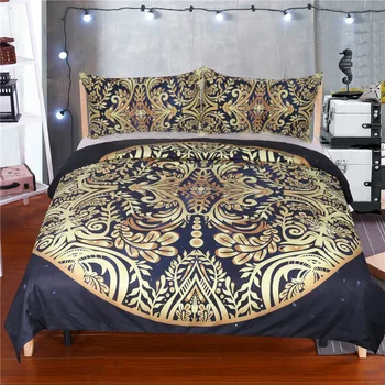 Mandala flori Carpetă Acopere Cu față de Pernă Negru Auriu Set de lenjerie de Pat Queen-Size Boho Pat Set husă de Pilotă 3D model geometric