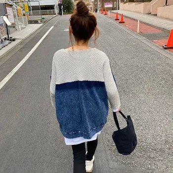 Femei De Moda Japonia Coreea Style Direct Tricotate Denim Jumper Pulover Casual Mozaic De Iarna Noi Vrac Pulovere Pulover Topuri