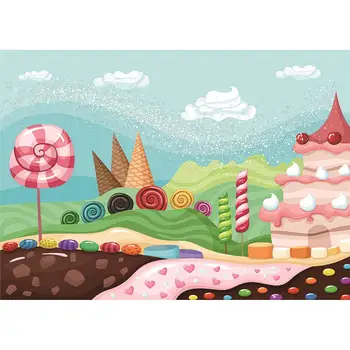 Allenjoy Candyland Banner Colorat Lollipop Tort Pajiște De Munte De Nor Ziua Fondul Copilul Desert Petrecere De Fundal Pânză