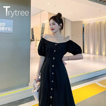 Trytree de Vară 2020 Femei Rochie Casual Piața Collar Manșon de Puf Solid 2 Culoare-linie de Moda de Epocă Temperament Rochie de la Jumătatea Vițel