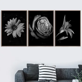 Flori negru Poster Trandafir Crin Crizantema de Perete de Arta Minimalist Eleganta Panza Pictura Imprimare Imagini pentru Living Decorul Camerei