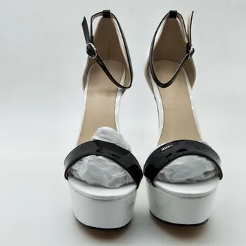 SHOFOO pantofi,Noutate moda pantofi pentru femei , negru, din piele albă, de aproximativ 14,5 cm toc înalt, sandale, doamnelor sandale. DIMENSIUNE:34-45