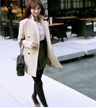 Iarna Haină de Lână Femei Noua Moda coreeană Bej la două Rânduri Strat Subțire, Gros, cu Mâneci Lungi Sacou marime mare XXL