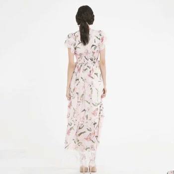 SEQINYY Rochie Maxi Roz 2020 de Vară Nou Design de Moda Scurt Volane Alb cu Mânecă Dantelă Romantic Flori de Crin Imprimate Rochie Roz