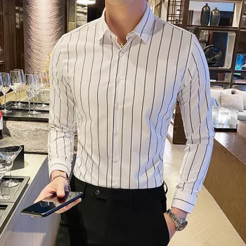 Coreea Style Moda Frumos Mens Buton Jos Tricouri Slim Fit Maneca Lunga Cu Dungi Camasi Asain Dimensiune