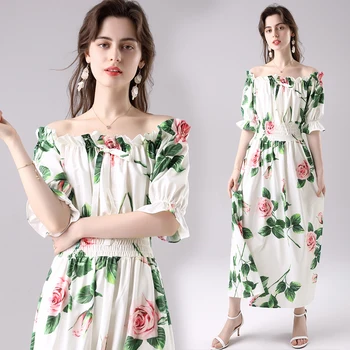 Merchall de Vară 2020 Pistă de Moda Rochie Maxi pentru Femei de Pe Umăr Maneca Scurta Rose Floare de Imprimare Florale Rochie Lungă Vacanță