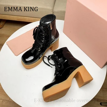 2020 Toamna Iarna Femei Dantelă Sus Pantofii 7.5 cm Toc Indesata de Brevete din Piele Glezna Cizme Designer de Moda Platforma Femeie Botas Mujer