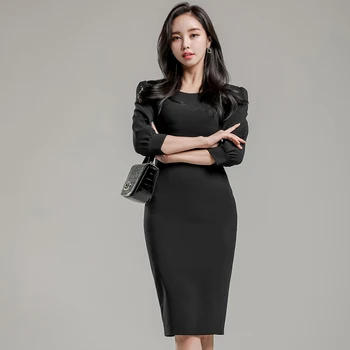 2020 Coreea O-Neck Maneca 3/4-Negru Sexy Vestidos Spatele Gol Din Dantela Mozaic Genunchi-Lungime Creion Bodycon Partid Rochie De Sex Feminin