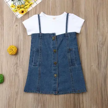 2019 Moda Copii Baby Girl 2 buc Haine de Bumbac Alb T-Shirt Curea Butoane Denim Rochie de Vara Copii, Seturi de Haine de Fata 0-4Y