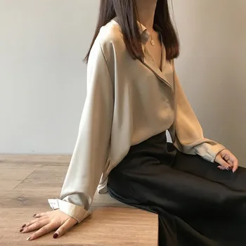 Supradimensionat Liber Coreean Femei Fals Satin De Matase Tricouri Moda Vintage Maneca Lunga Acoperita Buton Rever Birou Doamnelor Cămașă Sifon