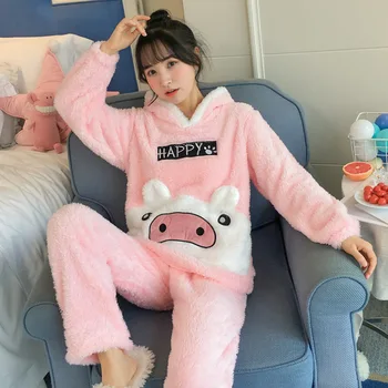 H5699 Femei Pijamale Fete De Iarna Coreean Desene Animate Elevii Pijamale Femei, Plus Catifea Cu Maneci Lungi Flanel Cu Gluga Costum Sleepwear