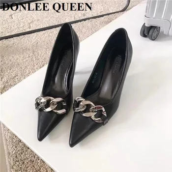 2021 Moda A Subliniat Toe Tocuri Subtiri De Mare Pantofi Femei Pompe Elegante Pentru Petrecerea De Pantofi Rochie Lanț De Metal Decor Zapatillas Mujer