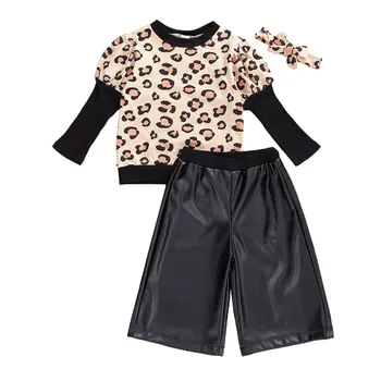 3 Buc Copiii Tinuta de Toamna, Leopard Imprimate O-Gât Tricot Mâneci Pulover + Pantaloni Largi + Hairband pentru Fetita,2-7 Ani