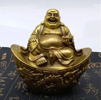 10cm Cupru din China Avere YuanBao Râde Fericit Maitreya Buddha Statuie Dragon Phoenix