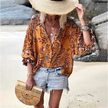 2021 Femei Bluze de Moda de Imprimare V-gat Buton Jos de Plajă, Bluze cu Maneca Lunga Tricouri Largi Supradimensionate Bluze T-shirt Culturilor Sus