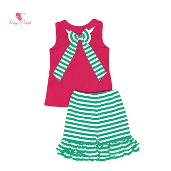 Kaiya Angel Boutique De Îmbrăcăminte Pentru Copii Set Solidă Fără Mâneci Arc Topuri Cu Dungi Ruched Pantaloni Scurți Înapoi La Școală Tinuta Accepta Model Personalizat