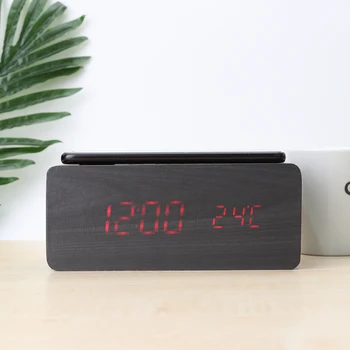 Din lemn Electric, Ceas cu Alarmă cu Qi Wireless Charging Pad Digital cu LED-uri Încărcător pentru Dormitor Digital Home Decor